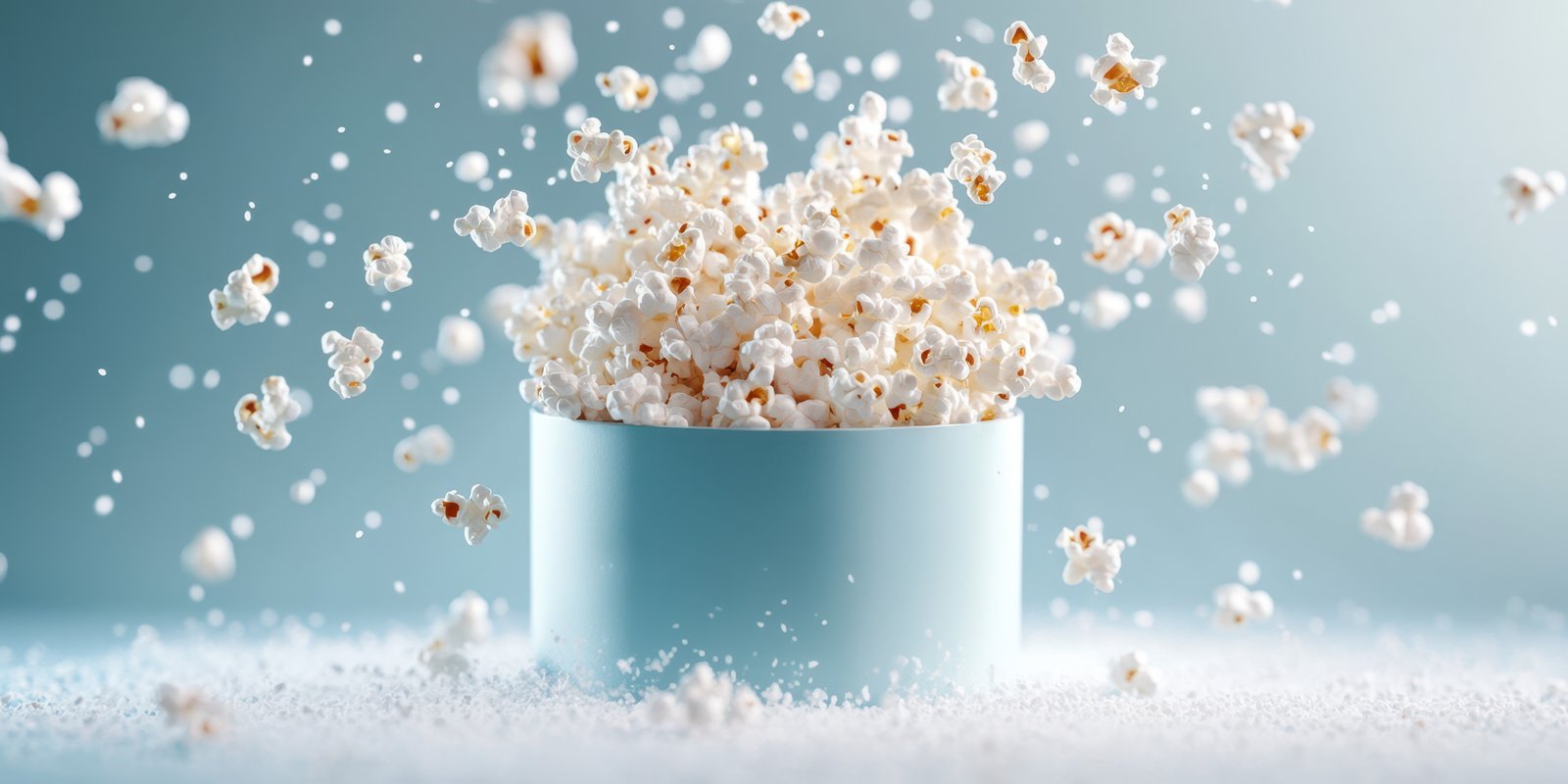 Popcorn bursts out of a bowl, creating a fun and dynamic visual against a light backdrop